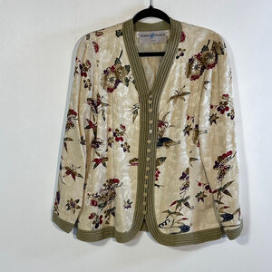 Vintage Silk Chinoiserie Floral Crane Button Front Jacket Women’s Size 12 Cream